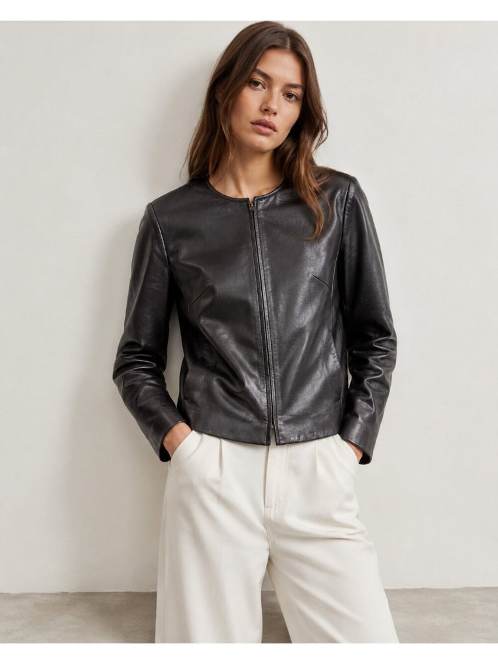 Charter Club Women’s Size 10 Black Genuine Leather Collarless Zip Jacket
